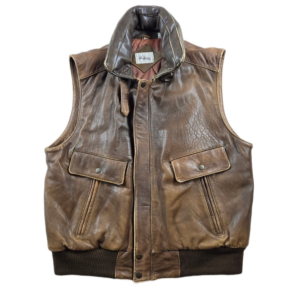 Adam Spencer Leather Vest Mens Large Brown Flight Bomber Quilted Lining